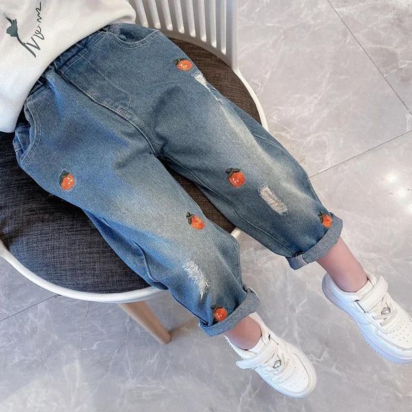 Pantalon mode automne bébé filles jean bleu tomate imprimé pantalon ample avec poches latérales taille moyenne cordon enfants vêtements d'extérieur