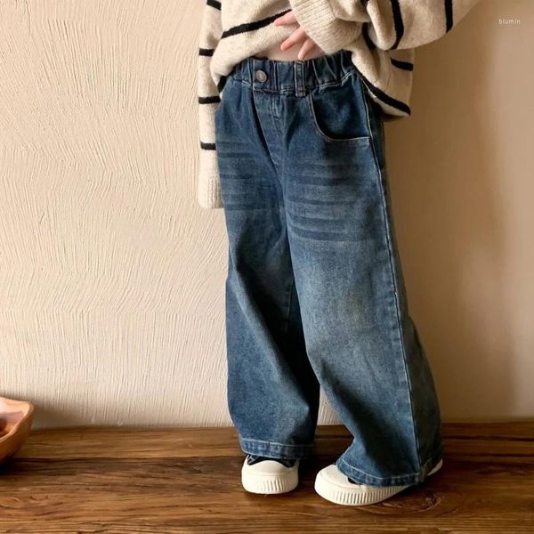 Pantalons Fille Un Bouton Rétro Denim Pantalon Droit Printemps Et Automne Coréen De Couleur Foncé Bébé Enfants Décontracté Lâche Jeans À Jambes Larges