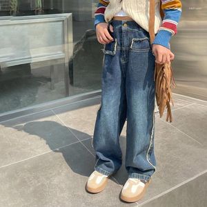 Broek meisjes denim broek vintage jeans 2024 modemedium kinderen wijd been lente en herfst casual simple lang