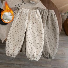 Broeken Meisjes Fleecebroek Plus Fluweel Voor Kinderen Warme Kinderen Bloeiers Baby Bloemen Koreaanse Stijl Casual Joggers Kleding