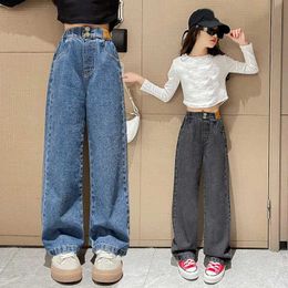 Broekmeisjes jeans herfst casual losse kant geleidelijk veranderende kleur kindergrens wijd been broek 8 10 12 13 14 -jarige tieners schoolkinderen broekl2403
