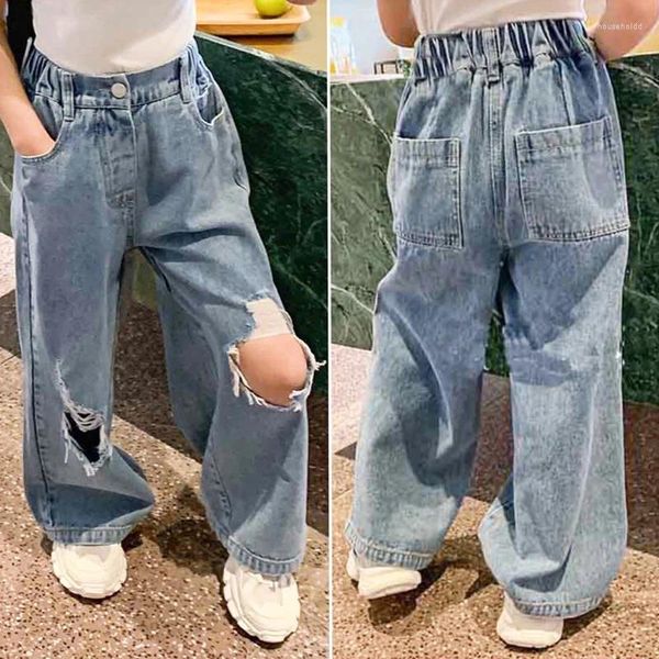 Pantalons filles Jeans pantalons vêtements enfants droit déchiré trou lâche taille élastique enfant adolescent Denim jambe large