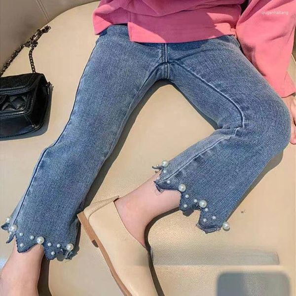 Pantalons pour filles, taille élastique, mode, petite botte, Jeans, printemps-automne, perles, fleurs, vêtements pour enfants assortis, 2023