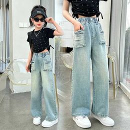 Pantalon Girls Ripped Jeans Fashion coréenne Fashion All-Match Straight Loose Jeans lavé Pantalon de style fille chaude en détresse 6-15Y Y240527