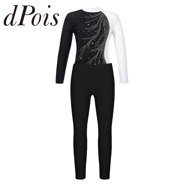 Pantalones gimnasia saltos para niños manga larga manga larga dhiny dhinestone ballet dance leotard con leggings niños patinando pantalones gimnásticos