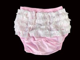 Pantalon haian adulte frouillère plastique rumba incontinence panton pantalon en plastique couleur rose bébé avec froufrous blanc