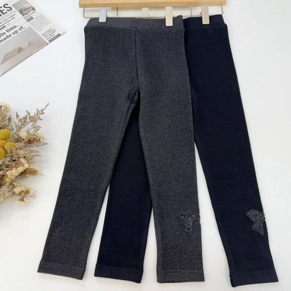 Pantalon en STOCK automne/hiver 2023, Leggings avec nœud à paillettes brodées et pantalons chauds en polaire pour enfants