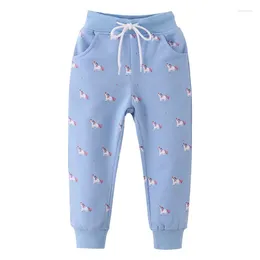 Broeken die meters springen verkopen Blauwe baby-joggingbroek met trekkoord Volledige lengte peuter kinderbroek met eenhoornprint voor meisjes