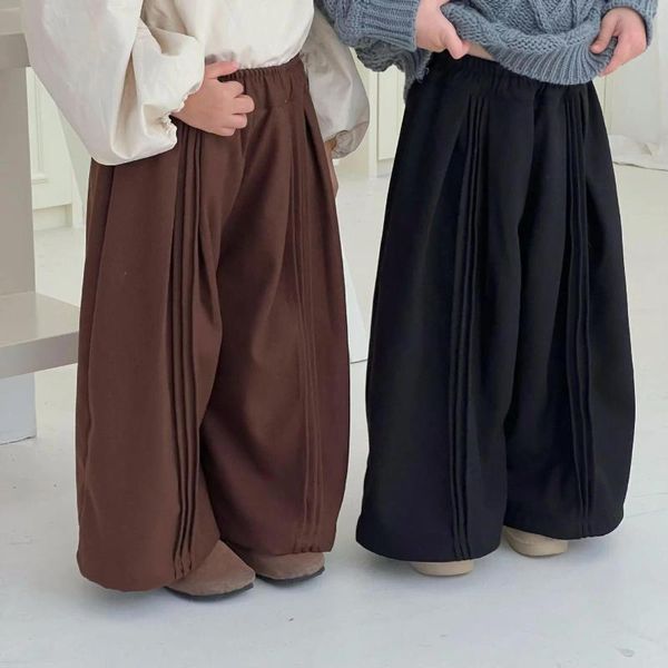 Pantalons enfants pantalons décontractés enfants vêtements Style coréen 2023 hiver garçons et filles Vintage laine jambe large Simple couleur unie