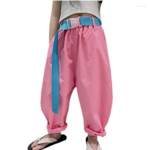 Pantalons enfants fille longueur cheville pantalon couleur unie avec ceinture gratuite Style décontracté été sarouel ample vêtements pour enfants 4 6 8 10 12 13 ans