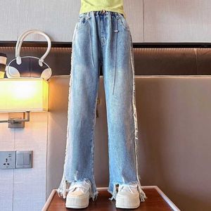 Broek Kids Girls Kleding Fashion Casual jeans lente nieuwe kwast ontwerp denim broek voor tiener elastische taille ruwe rand broek 4-14 y y240527