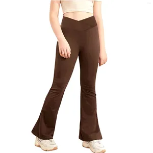 Pantalons enfants filles Leggings Yoga Fitness danse mode couleur unie taille haute pantalon évasé enfants décontracté cloche-fond