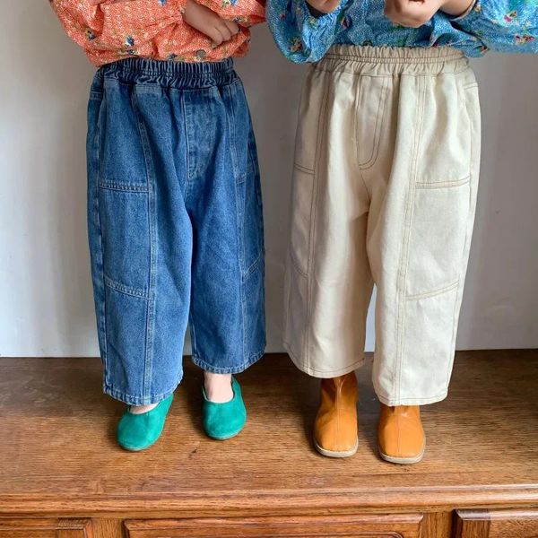 Pantalones niños pantalones ropa para niños otoño coreano dulce fresco vaquero casual niños niñas suelta cintura elástica sólida