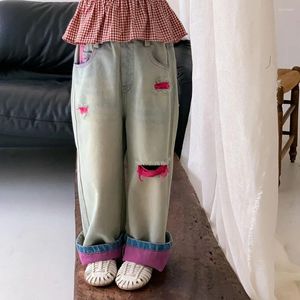 Pantalons de Cowboy coréens pour enfants, Jeans à trous souples pour filles, vêtements simples, amples, à la mode, printemps-automne, 2024