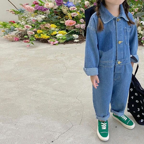 Pantalon Style coréen automne bébé filles jean pantalon bleu col rabattu combinaisons body avec poche enfants outwear