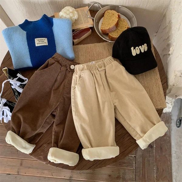 Pantalones de pana de estilo coreano para niños y niñas, rectos, a la moda, cintura alta, bolsillo con botones, bonitos, Otoño e Invierno