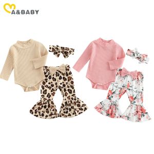 Pantalon mababy 018m nouveau-né bébé vêtements de fille ensemble tricot noir arc floral léopard imprimer pantalon pantalon de fusée