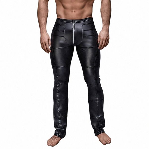 Pantalons Pantalons pour hommes Party à l'extérieur de la maison en plein air serré Clubwear Lg Pouch Wet Look Zip Leggings noirs en cuir PU c5DZ #