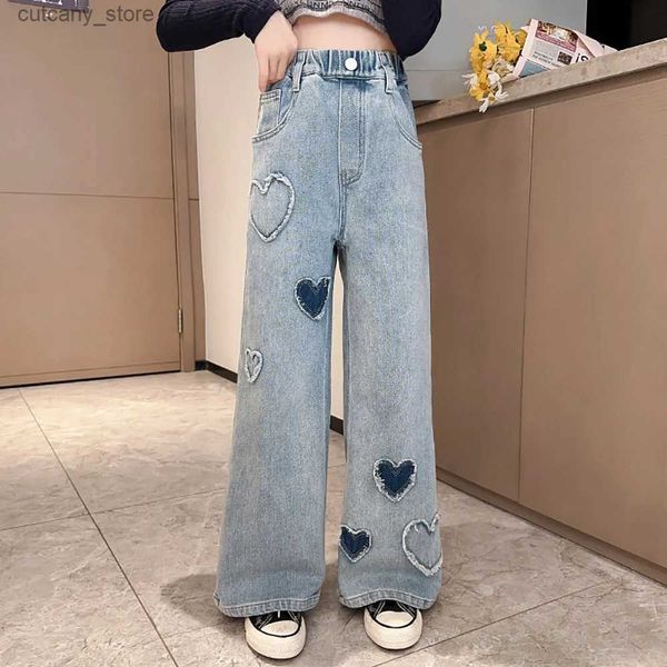 Pantalon Nouvelle mode adolescents filles denim large g pantalon enfants pantalon printemps automne amour motif de filles jeans 5-14 ans vêtements pour enfants l46