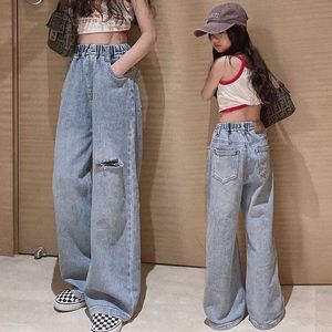 Broek nieuwe lente kinderen hole jeans voor meisjes losse denim broek kinderen casual breed poot broek tienermeisje lange jeans y240527