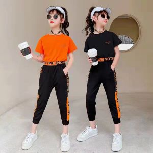 Broek nieuwe zomer babymeisjes kleren sets 2023 shirts met korte mouwen + broek kinderen sport kinderen kleding tracksing tracksuit tiener 6 8 10 12 jaar