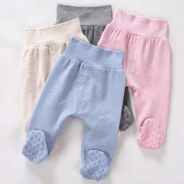 Pantalones recién nacidos unisex pantalones de bebé de cintura alta 0624m pantalones de algodón para bebés bebés bebés niñas pantalones de pie incluso calcetines leggings