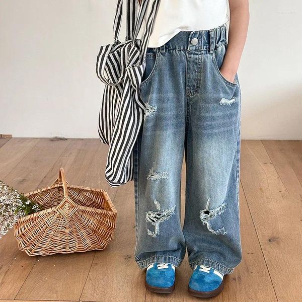 Pantalon pantalon filles beau style rétro faire des jeans de trou à l'ancienne 2024 printemps d'été solide actif décontracté mignon simple cool