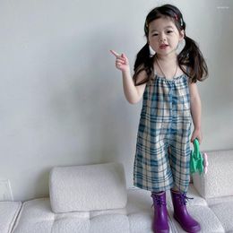 Hosen Philologie Koreanische Kinderbekleidung Sommermädchen Sen Hosenträger Hose mit weitem Bein Kinder karierte Overall Capris