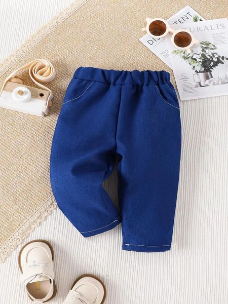 Pantalon printemps et automne bébé garçon mignon décontracté mode Sports de plein air doux confortable bleu foncé pantalon poche ample fille