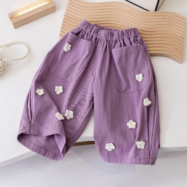 Pantalon printemps automne mode enfants vêtements bébé filles élastique violet avec décoration florale enfants infantile pantalons décontractés