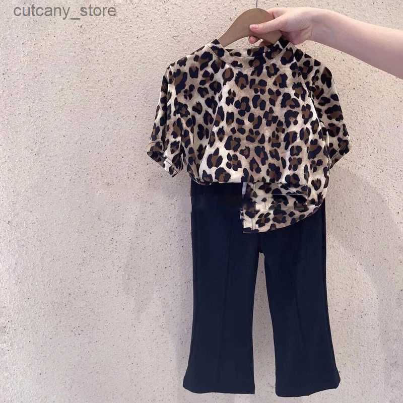 Брюки Summer Girls Clothing Sets Opard Print Short-Cesed Top+ Loak Wide-Gans Baby Children одежда костюма мода детская одежда L46