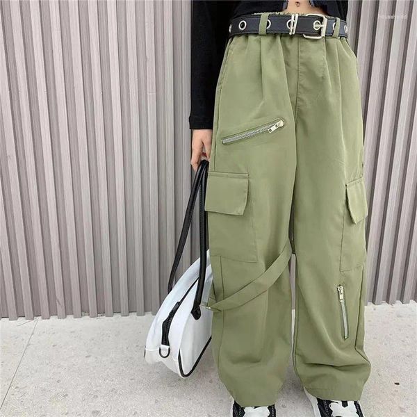 Pantalon Cargo sarouel pour adolescentes, taille haute, vert avec ceinture, vêtements de mode Hip Hop, Capris avec poche et fermeture éclair, de 6 à 16 ans