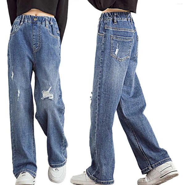 Pantalons pour adolescentes, jean déchiré avec trou, décontracté, ample, jambes larges, en Denim, taille haute, pour écoliers de 6 8 10 12 14 ans