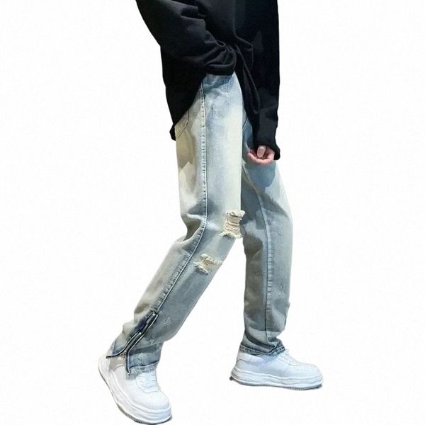 Pantalon déchiré Skinny Jeans pour hommes Slim Fit homme Cowboy pantalon cassé avec des trous fentes droites déchirées tuyau serré fermeture éclair tendance 2024 h5GL #