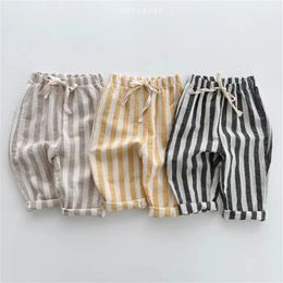 Pantalon Vintage Lin Coton Stripe Pantalon pour Garçons Casual Pocket Design Élastiques Taille Enfant Fille Vêtements Enfants 231218