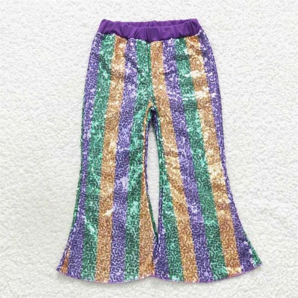 Pantalones al por mayor para niños, ropa a rayas para niñas, lentejuelas reales, pantalones suaves y cómodos para niños, pantalones acampanados, ropa de Mardi Gras