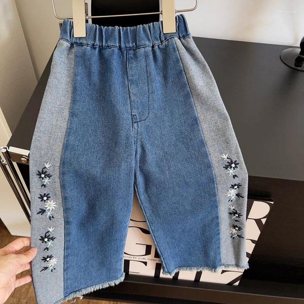 Pantalon pantalon à jambe large coréen automne filles cowboy broderie ajustement en vrac jeans de taille élastique douce fleur des enfants simples