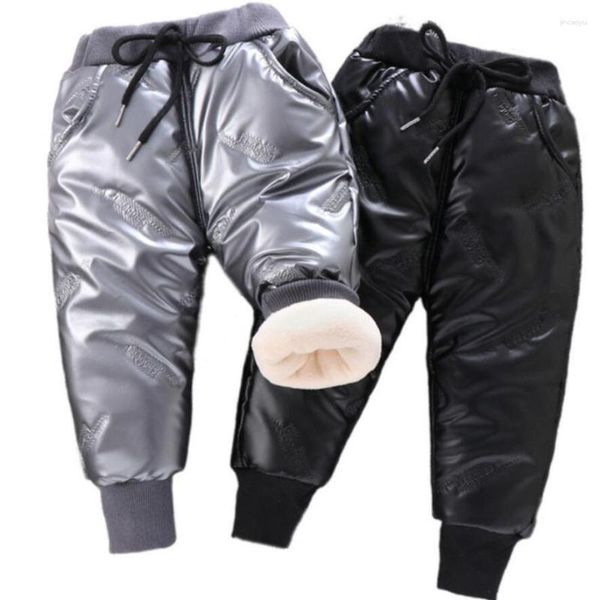 Pantalones de invierno niños de cuero claro de cuero triple lana gruesa para niñas calientes elásticos calientes elásticos pantalones de algodón largo