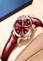 TRSOYE Brand Wine Red Cadom Tempérament Womens Watch Souffle en cuir respirant Les dames regardent la fonction lumineuse Goddess Tendy Wrist2184324