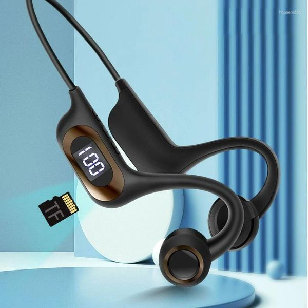 Auriculares inalámbricos Bluetooth de conducción ósea auténtica, auriculares abiertos para deportes al aire libre con micrófono, pantalla de batería, compatible con tarjeta Sd