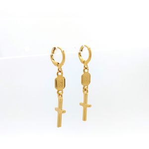 Echte stempel 18 K Real Solid Fine Gold Tiny Oorbellen Dangle Kroonluchter Sierlijke, Kleine Kruis Hanger