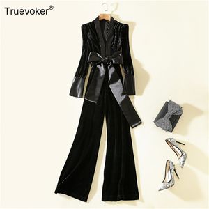 Truevoker Designer Velours Lange Jumpsuit Dames High End Mode Herfst Volledige Mouw Sexy V-hals Zwart Fluwelen Rompertjes voor Party 210602