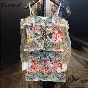 Truevoker lente runway mode sets dames sexy off schouder hoek print ruches tops + rok vrouwen twee stukken pakken 210602