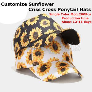 Personaliseer Sunflower Criss Cross Ponytail Caps Woman Washed Distressed Russy Buns Baseball Hat Trucker Petten Zza3395