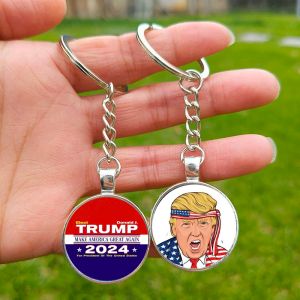 Trump 2024 Vlag Keychain Save America opnieuw opnieuw creatieve glazen cabochon hanger Key Chains for Men Women Keyring