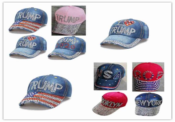 Trump Baseball Cap USA Hat Campagne électorale Hat Cowboy Diamond Cap ajusté Snapback Women Denim Diamond Hat Vs Biden Kamala HA9757648