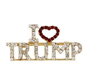 TRUMP Crystal Rhinestones Diseño único Carta Broches Corazón rojo Letra I Love Trump Palabras Pin Mujeres Niñas Abrigo Vestido Joyería GD30 ZZ