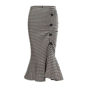 Trompet Zeemeermin Zwart Beige Plaid Midi Rok High Street Empire Vintage Retro Dames S0192 210514