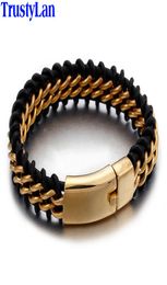 TrustyLan Goud Kleur Rvs Lederen Armband Mannen 18MM Brede Heren Lederen Armbanden Sieraden Polsbandje Drop Gift C106827802