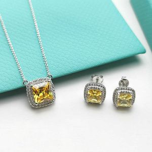 Ts Nieuwe ketting vierkante suiker gele diamanten ketting oorknopjesset Tiktok Live 925 sterling zilveren halsbandketting